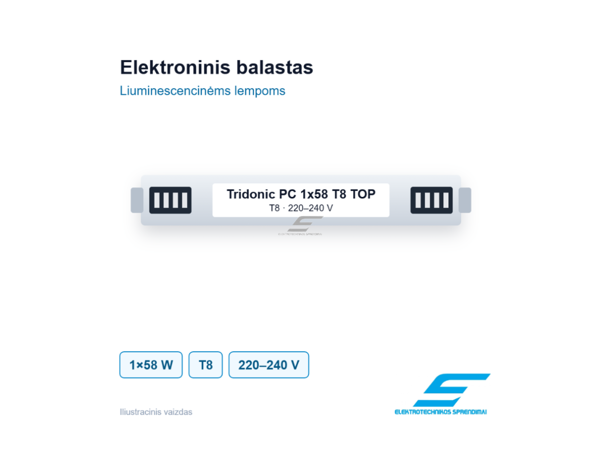 Elektroninis balastas T8 (26 mm) liuminescencinei lempai | 1×58 W | 220–240 V | Tridonic PC 1x58 T8 TOP sl | 9006210393230