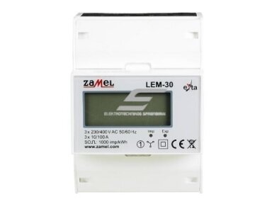 Modulinis trifazis elektros energijos skaitiklis | 100 A | 3×230/400 V | 1 tarifas | S0 impulsinis išėjimas | DIN | Zamel LEM-30 Modulinis trifazis elektros energijos skaitiklis | 100 A | 3×230/400 V | 1 tarifas | S0 impulsinis išėjimas | DIN | Zamel LEM-30