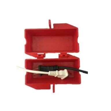 Electrical plug lockout box | LOTO safety device | universal | with padlock fixing | 65x65x118mm | red Electrical plug lockout box | LOTO safety device | universal | with padlock fixing | 65x65x118mm | red