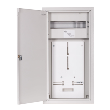 Trīsfāžu | ievada elektro sadales skapis | kaste | sadalnis | ar sadali | 12 moduļi | ar slēdzeni | 580x310x130 mm | 1x3 fāžu skaitītājam | ar plombēšanas iespēju | virsapmetuma | tērauda | IP31