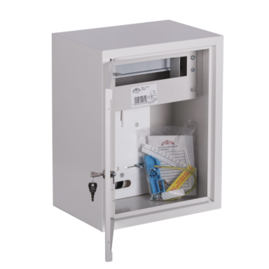 Vienfāzes | ievada elektro sadales skapis | kaste | panelis | ar sadali | 12 moduļi | ar slēdzeni | 395x310x220 mm | 1x vienfāzes skaitītājam | ar plombēšanas iespēju | virsapmetuma | tērauda | IP31