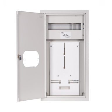Trīsfāžu | ievada elektro sadales skapis | kaste | panelis | ar sadales daļu | 12 moduļi | ar slēdzeni un stiklu | 580x310x130mm | 1x3 fāžu skaitītājam | ar plombēšanas iespēju | virsapmetuma | tērauda | IP31