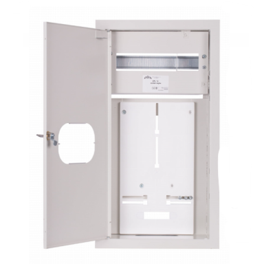 Trīsfāžu | Ievada elektro sadales skapis | kaste | panelis | ar sadali | 12 moduļi | ar slēdzeni un stiklu | 580x310x220 mm | 1x3 fāžu skaitītājam | ar plombēšanas iespēju | virsapmetuma | tērauda | IP31