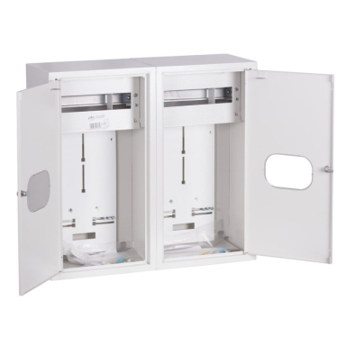 Trīsfāžu | ievada elektro sadales skapis | korpuss | skapis | ar sadales sekciju | 24 moduļi | dubultās durvis ar slēdzeni un stiklu | 580x620x220 mm | 2x 3 fāžu skaitītājiem | ar plombēšanas iespēju | virsapmetuma | tērauda | IP31