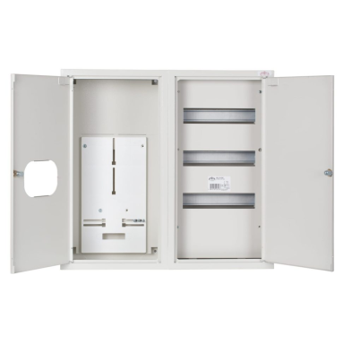 Trīsfāžu | ievada elektro sadales skapis | korpuss | kaste | ar sadales sekciju | 36 moduļi | dubultās durvis ar slēdzeni un stiklu | 580x620x220 mm | 1 trīsfāžu skaitītājam | ar plombēšanas iespēju | virsapmetuma | tērauda | IP31