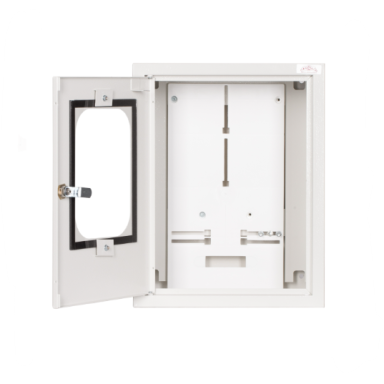 Trīsfāžu | ievada elektro sadales skapis | kaste | skapis | ar sadales daļu | ar slēdzeni un stiklu | 395x310x220 mm | 1x 3 fāžu skaitītājam | ar plombēšanas iespēju | virsapmetuma | tērauda | IP31