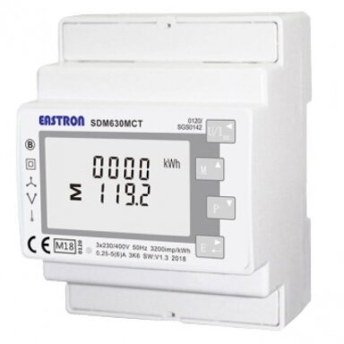 Modulārs trīsfāžu daudzfunkcionāls elektroenerģijas skaitītājs | caur strāvmaiņiem 1/5 A | 3×230/400 V | divvirzienu | RS485 Modbus | DIN | Eastron SDM630MCT