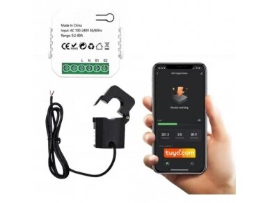 Modulinis | išmanus | nuotolinis elektros energijos skaitiklis su srovės transformatoriumi CT | 1F | 0,2-80A | 100-240V | DIN | Wi-Fi | TUYA | Smart Life