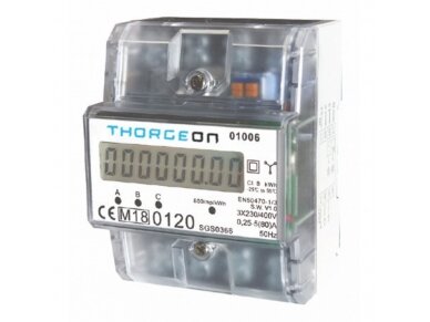 Modulinis trifazis elektros energijos skaitiklis | 5(80) A | 3×230/400 V | 1 tarifas | impulsinis išėjimas | MID | IP20 | DIN | THORGEON 01006 Modulinis trifazis elektros energijos skaitiklis | 5(80) A | 3×230/400 V | 1 tarifas | impulsinis išėjimas | MID | IP20 | DIN | THORGEON 01006