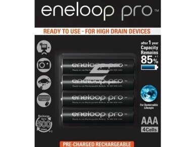 Įkraunami elementai | baterijos | AAA | R3 | 1,2V | 930mAh | 4 vnt. | Eneloop pro | Panasonic | BK-4HCDE/4BE | 5410853052609 Įkraunami elementai | baterijos | AAA | R3 | 1,2V | 930mAh | 4 vnt. | Eneloop pro | Panasonic | BK-4HCDE/4BE | 5410853052609