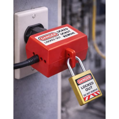 Electrical plug lockout box | LOTO safety device | universal | with padlock fixing | 132x163x97mm | red 2