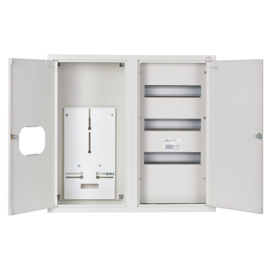 Three-phase | main electrical distribution board | enclosure | cabinet | with distribution section | 36 modules | double doors with lock and glass | 580x620x220 mm | for 1x3-phase meter | sealable | surface-mounted | steel | IP31 1 Three-phase | main electrical distribution board | enclosure | cabinet | with distribution section | 36 modules | double doors with lock and glass | 580x620x220 mm | for 1x3-phase meter | sealable | surface-mounted | steel | IP31 1