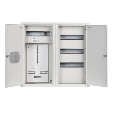 Three-phase | main electrical distribution board | enclosure | panel | with distribution section | 48 modules | double doors with lock and glass | 580x620x220 mm | for 1x 3-phase meter | with sealing option | surface-mounted | steel | IP31 1 Three-phase | main electrical distribution board | enclosure | panel | with distribution section | 48 modules | double doors with lock and glass | 580x620x220 mm | for 1x 3-phase meter | with sealing option | surface-mounted | steel | IP31 1