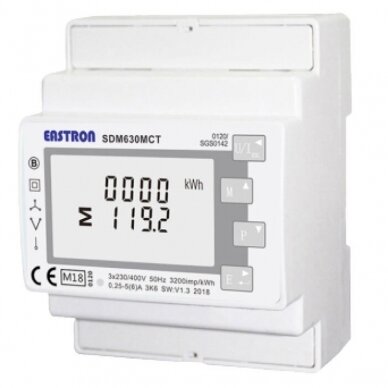 Modulārs trīsfāžu daudzfunkcionāls elektroenerģijas skaitītājs | caur strāvmaiņiem 1/5 A | 3×230/400 V | divvirzienu | RS485 Modbus | DIN | Eastron SDM630MCT Modulārs trīsfāžu daudzfunkcionāls elektroenerģijas skaitītājs | caur strāvmaiņiem 1/5 A | 3×230/400 V | divvirzienu | RS485 Modbus | DIN | Eastron SDM630MCT