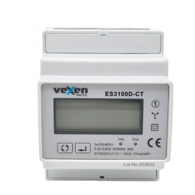 Modułowy trójfazowy licznik energii elektrycznej | x/5 A przez przekładniki prądowe | 3×230/400 V | 1–9999 A pierwotny | Wyjście impulsowe | IP51 | DIN | VEXEN ES3100DCT
