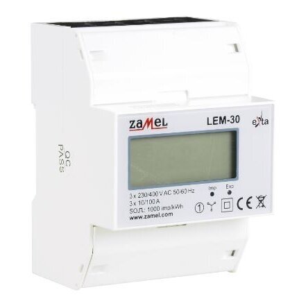 Modulārs trīsfāžu elektroenerģijas skaitītājs | 100 A | 3×230/400 V | 1 tarifs | S0 impulsu izeja | DIN | Zamel LEM-30 Modulārs trīsfāžu elektroenerģijas skaitītājs | 100 A | 3×230/400 V | 1 tarifs | S0 impulsu izeja | DIN | Zamel LEM-30