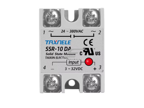 Elektroninė kietojo kūno rėlė | DC–AC | 3–32 V DC → 24–380 V AC | 10 A | tylus valdymas be kontaktų | hermetiškas korpusas | TAXNELE SSR-10DA