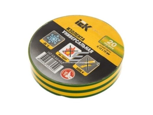 Elektros izoliacinė juosta | 0,13x15mm | 10m | geltona/žalia | IEK | UIZ-13-10-10M-K52 Elektros izoliacinė juosta | 0,13x15mm | 10m | geltona/žalia | IEK | UIZ-13-10-10M-K52