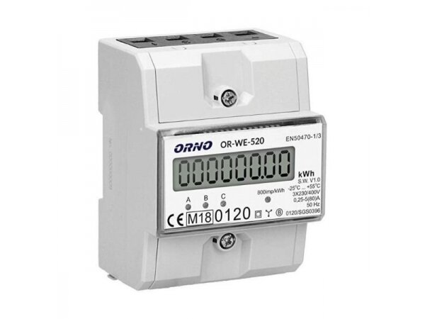 Modulinis trifazis elektros energijos skaitiklis | 80 A | 3×230/400 V | 1 tarifas | S0 impulsinis išėjimas | MID | DIN | Orno OR-WE-520 Modulinis trifazis elektros energijos skaitiklis | 80 A | 3×230/400 V | 1 tarifas | S0 impulsinis išėjimas | MID | DIN | Orno OR-WE-520