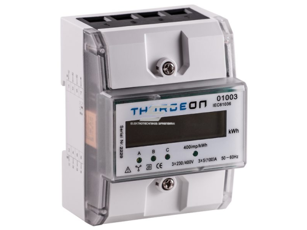 Modulinis trifazis elektros energijos skaitiklis | 5(100) A | 3×230/400 V | 1 tarifas | impulsinis išėjimas | IP20 | DIN | THORGEON 01003