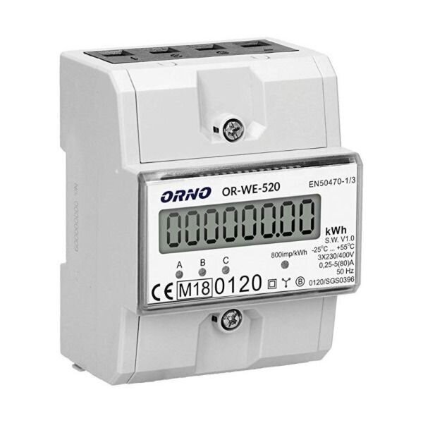 Modular three-phase energy meter | 80 A | 3×230/400 V | 1 tariff | S0 pulse output | MID | DIN | Orno OR-WE-520 Modular three-phase energy meter | 80 A | 3×230/400 V | 1 tariff | S0 pulse output | MID | DIN | Orno OR-WE-520
