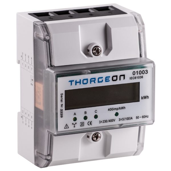 Modulārs trīsfāžu elektroenerģijas skaitītājs | 5(100) A | 3×230/400 V | 1 tarifs | impulsu izeja | IP20 | DIN | THORGEON 01003 Modulārs trīsfāžu elektroenerģijas skaitītājs | 5(100) A | 3×230/400 V | 1 tarifs | impulsu izeja | IP20 | DIN | THORGEON 01003