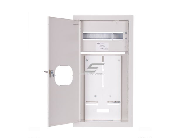 Elektros paskirstymo skydelis | dėžė | 12 modulių | su spyna ir stiklu | 270x540x120mm | 1F ir 3F elektros skaitikliams | potinkinis | plieninis | IP31 1 Elektros paskirstymo skydelis | dėžė | 12 modulių | su spyna ir stiklu | 270x540x120mm | 1F ir 3F elektros skaitikliams | potinkinis | plieninis | IP31 1