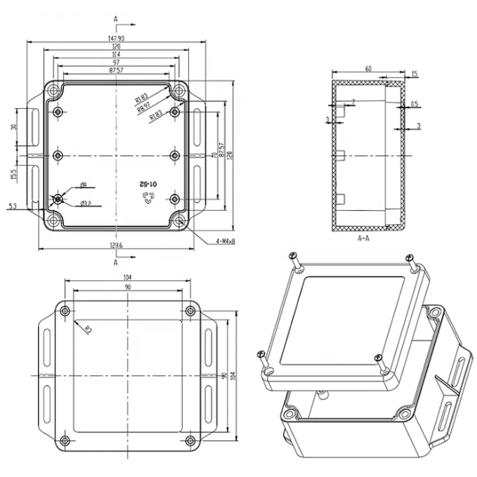 Electrical installation distribution box | with side lugs | hermetic | 120x120x60mm | surface-mounted | plastic | black | IP65 3 Electrical installation distribution box | with side lugs | hermetic | 120x120x60mm | surface-mounted | plastic | black | IP65 3