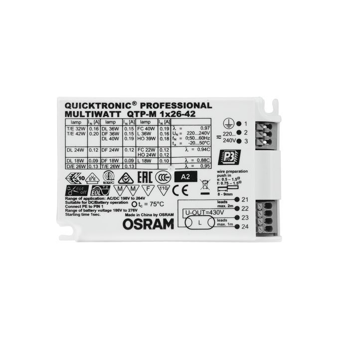 Electronic ballast for compact fluorescent lamps | 49W | 198–264VAC/DC | IP20 | QTP-M 1x26-42 Osram Electronic ballast for compact fluorescent lamps | 49W | 198–264VAC/DC | IP20 | QTP-M 1x26-42 Osram
