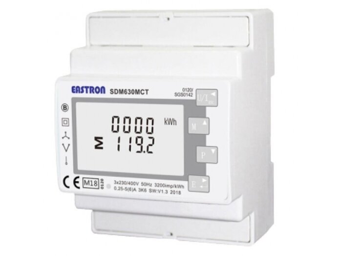 Modulinis trifazis multifunkcinis elektros energijos skaitiklis | per srovės transformatorius 1/5 A | 3×230/400 V | dvikryptis | RS485 Modbus | DIN | Eastron SDM630MCT
