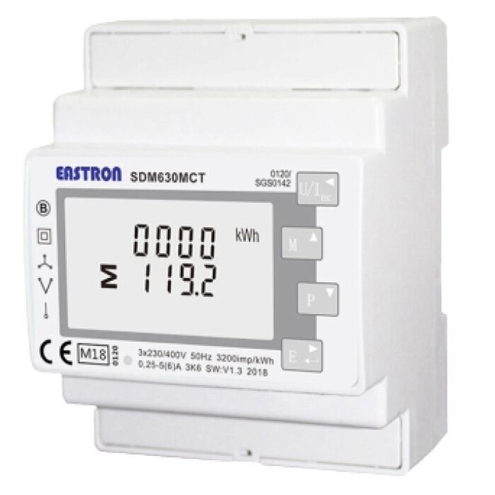 Modulārs trīsfāžu daudzfunkcionāls elektroenerģijas skaitītājs | caur strāvmaiņiem 1/5 A | 3×230/400 V | divvirzienu | RS485 Modbus | DIN | Eastron SDM630MCT Modulārs trīsfāžu daudzfunkcionāls elektroenerģijas skaitītājs | caur strāvmaiņiem 1/5 A | 3×230/400 V | divvirzienu | RS485 Modbus | DIN | Eastron SDM630MCT