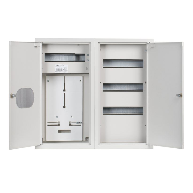 Three-phase | main electrical distribution board | enclosure | panel | with distribution section | 48 modules | double doors with lock and glass | 580x620x220 mm | for 1x 3-phase meter | with sealing option | surface-mounted | steel | IP31 1 Three-phase | main electrical distribution board | enclosure | panel | with distribution section | 48 modules | double doors with lock and glass | 580x620x220 mm | for 1x 3-phase meter | with sealing option | surface-mounted | steel | IP31 1