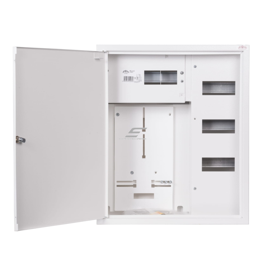 Trīsfāžu | ievada elektro sadales skapis | korpuss | sadales panelis | ar sadales daļu | 24 moduļi | ar slēdzeni | 580x490x220 mm | 1x 3 fāžu skaitītājam | ar plombēšanas iespēju | virsapmetuma | tērauda | IP31 1