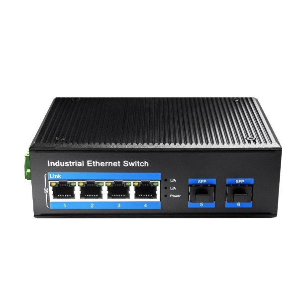 Rūpnieciskais PoE tīkla slēdzis | 4× RJ45 PoE + 2× SFP | DIN | 20 Gbps | līdz 400 W | IP40 | CUDY IG1004S2P