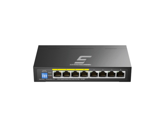 PoE komutatorius 8 portų | 4×PoE | 16 Gbps | 11.904 Mpps | nekonfiguruojamas | Plug & Play | VLAN / Extend rėžimai | metalinis korpusas