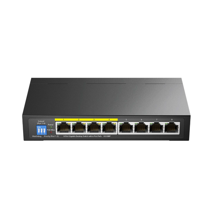 Przełącznik PoE 8 portów | 4×PoE | 16 Gbps | 11.904 Mpps | niezarządzalny | Plug & Play | tryby VLAN / Extend | metalowa obudowa Przełącznik PoE 8 portów | 4×PoE | 16 Gbps | 11.904 Mpps | niezarządzalny | Plug & Play | tryby VLAN / Extend | metalowa obudowa