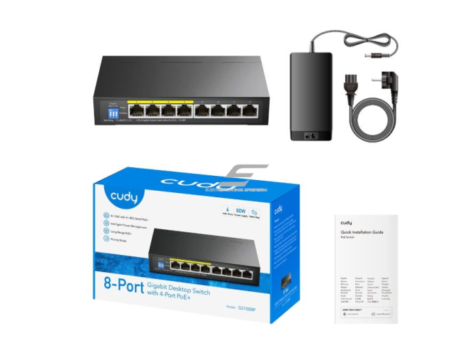 PoE komutatorius 8 portų | 4×PoE | 16 Gbps | 11.904 Mpps | nekonfiguruojamas | Plug & Play | VLAN / Extend rėžimai | metalinis korpusas 1