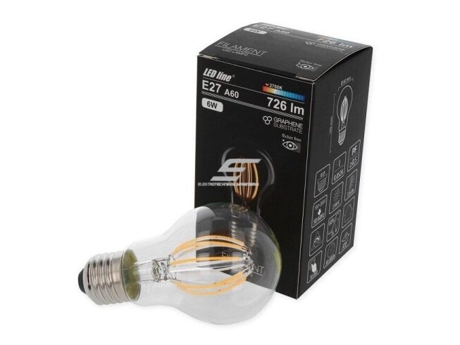 Filament LED lemputė E27 | 6W | 2700K | 806lm | A60 | LED line | 5901583249105 Filament LED lemputė E27 | 6W | 2700K | 806lm | A60 | LED line | 5901583249105