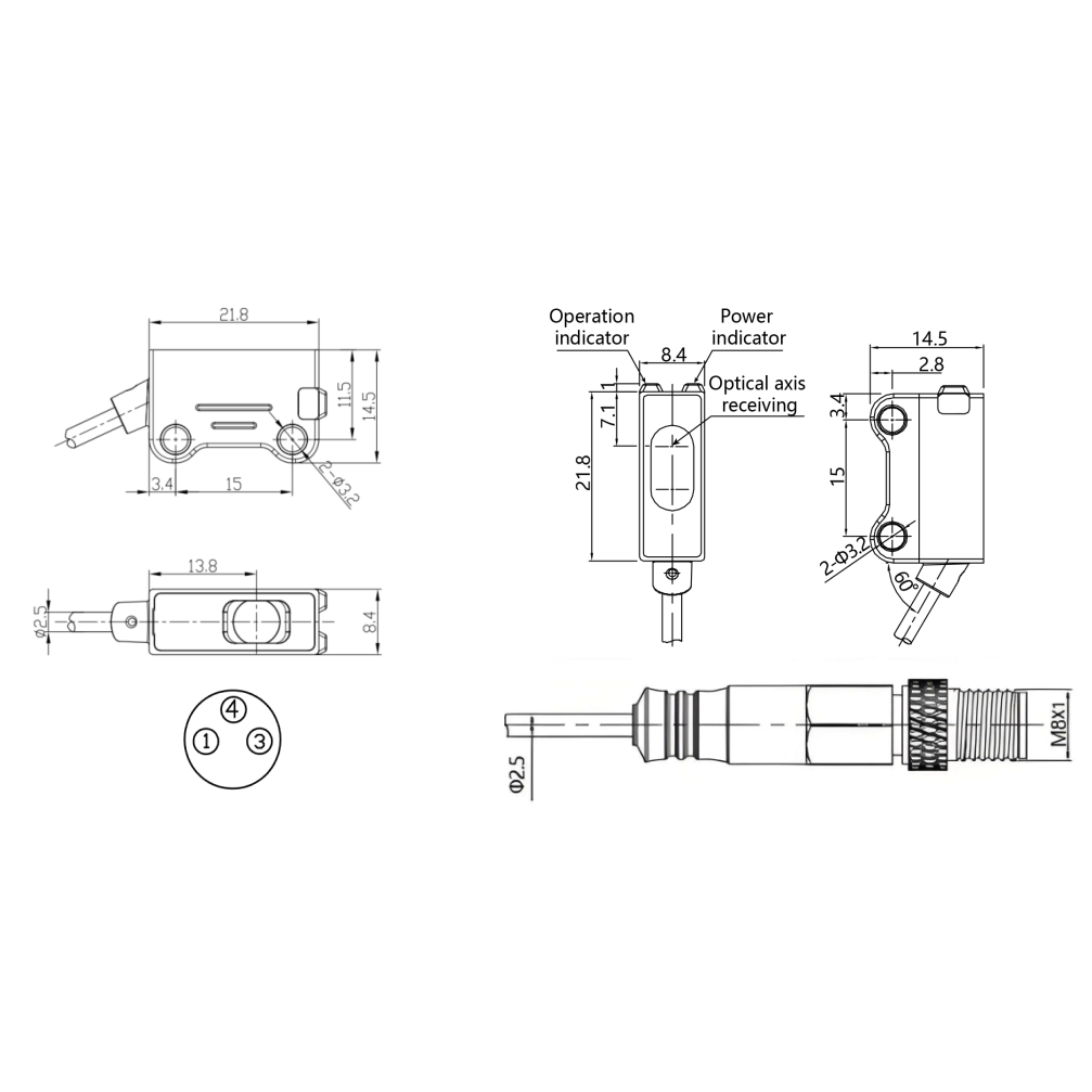 Photoelectric sensor | Through-beam type | Transmitter + receiver | 500mm | 21,8x14,5x8,4mm | 10-30VDC | NO | PNP | M8 | ABS | red VCSEL beam | IP65 1
