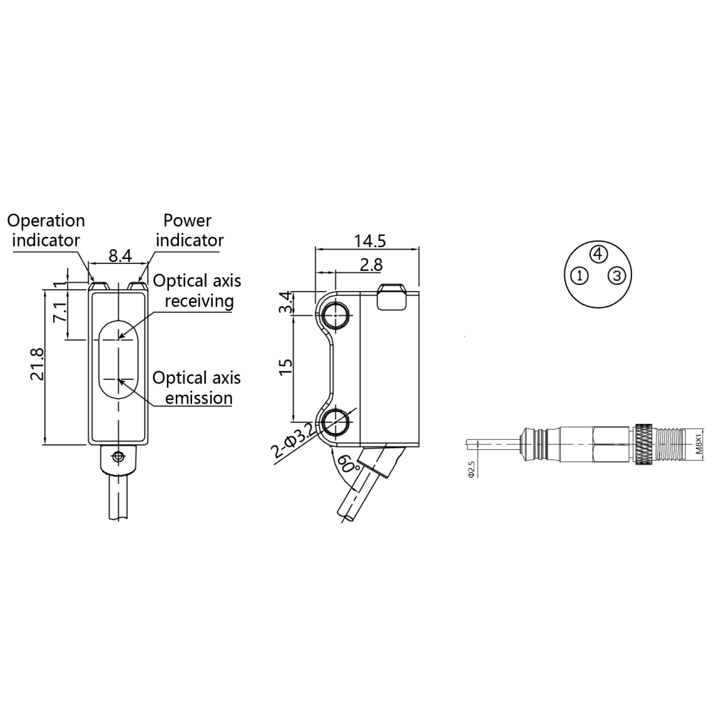 Photoelectric limited reflection sensor | 25mm | 21,8x14,5x8,4mm | 10–30VDC | NO | NPN | M8 | ABS | red light beam | IP65 1 Photoelectric limited reflection sensor | 25mm | 21,8x14,5x8,4mm | 10–30VDC | NO | NPN | M8 | ABS | red light beam | IP65 1