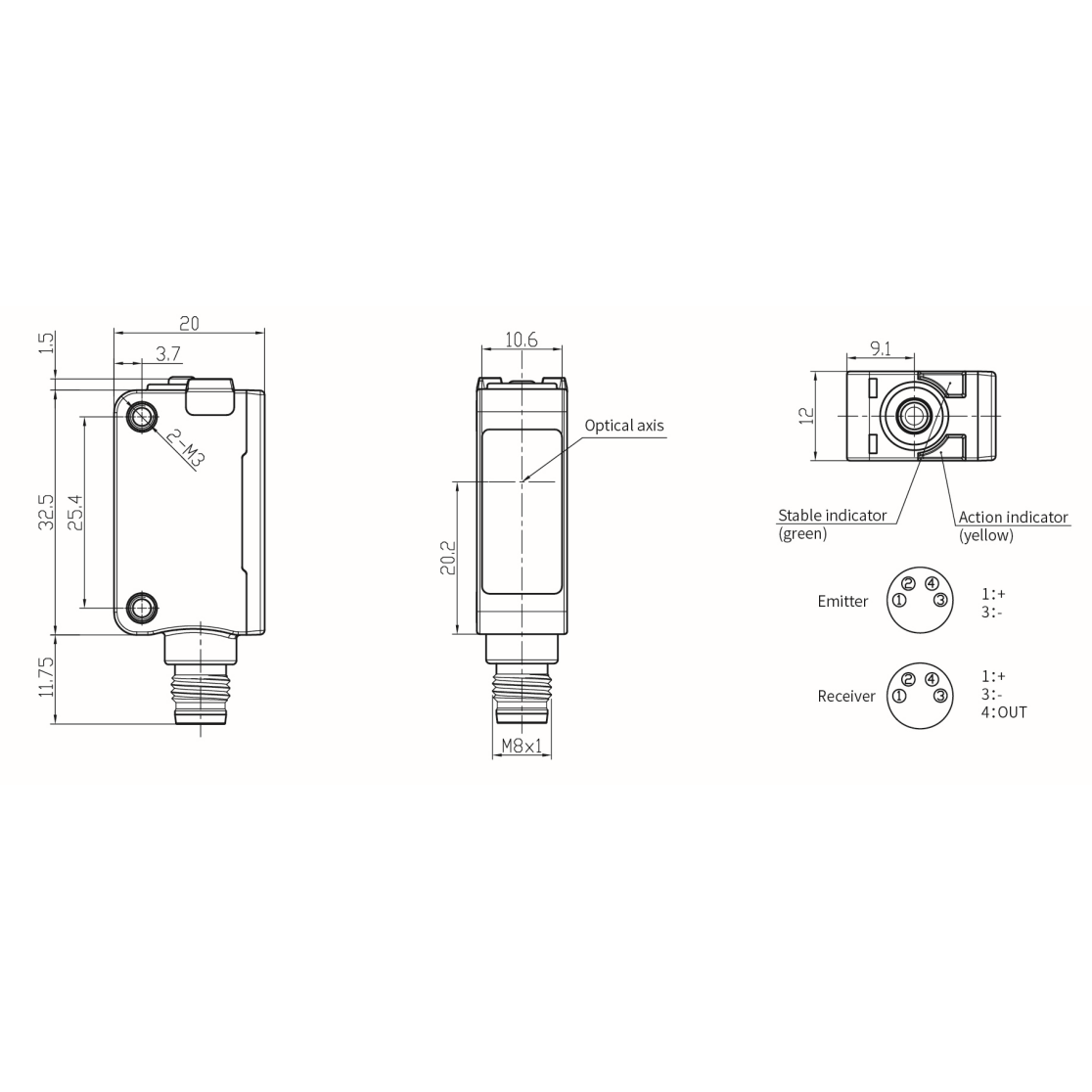 Fotoelektriskais sensors | Pārtraukta stara tips | Raidītājs + uztvērējs | 10m | 32,5x20x12mm | 10-30VDC | NO/NC | NPN | M8 | ABS | Sarkanās gaismas stars | IP67 1 Fotoelektriskais sensors | Pārtraukta stara tips | Raidītājs + uztvērējs | 10m | 32,5x20x12mm | 10-30VDC | NO/NC | NPN | M8 | ABS | Sarkanās gaismas stars | IP67 1