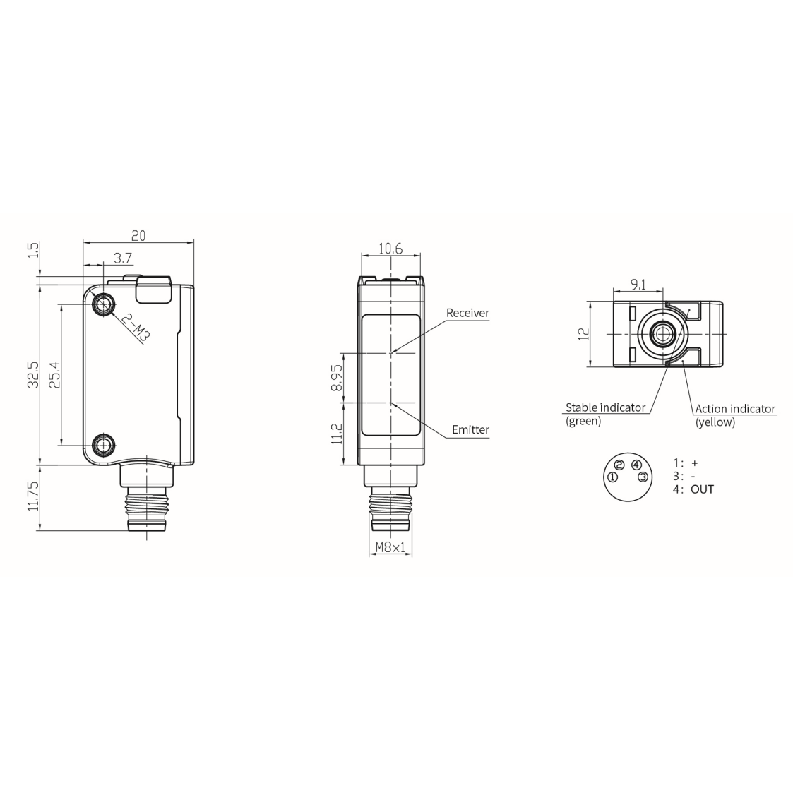 Fotoelektryczny czujnik dyfuzyjny | 300mm | 32,5x20x12mm | 10-30VDC | NO/NC | NPN | M8 | ABS | czerwony promień światła | IP67 1 Fotoelektryczny czujnik dyfuzyjny | 300mm | 32,5x20x12mm | 10-30VDC | NO/NC | NPN | M8 | ABS | czerwony promień światła | IP67 1