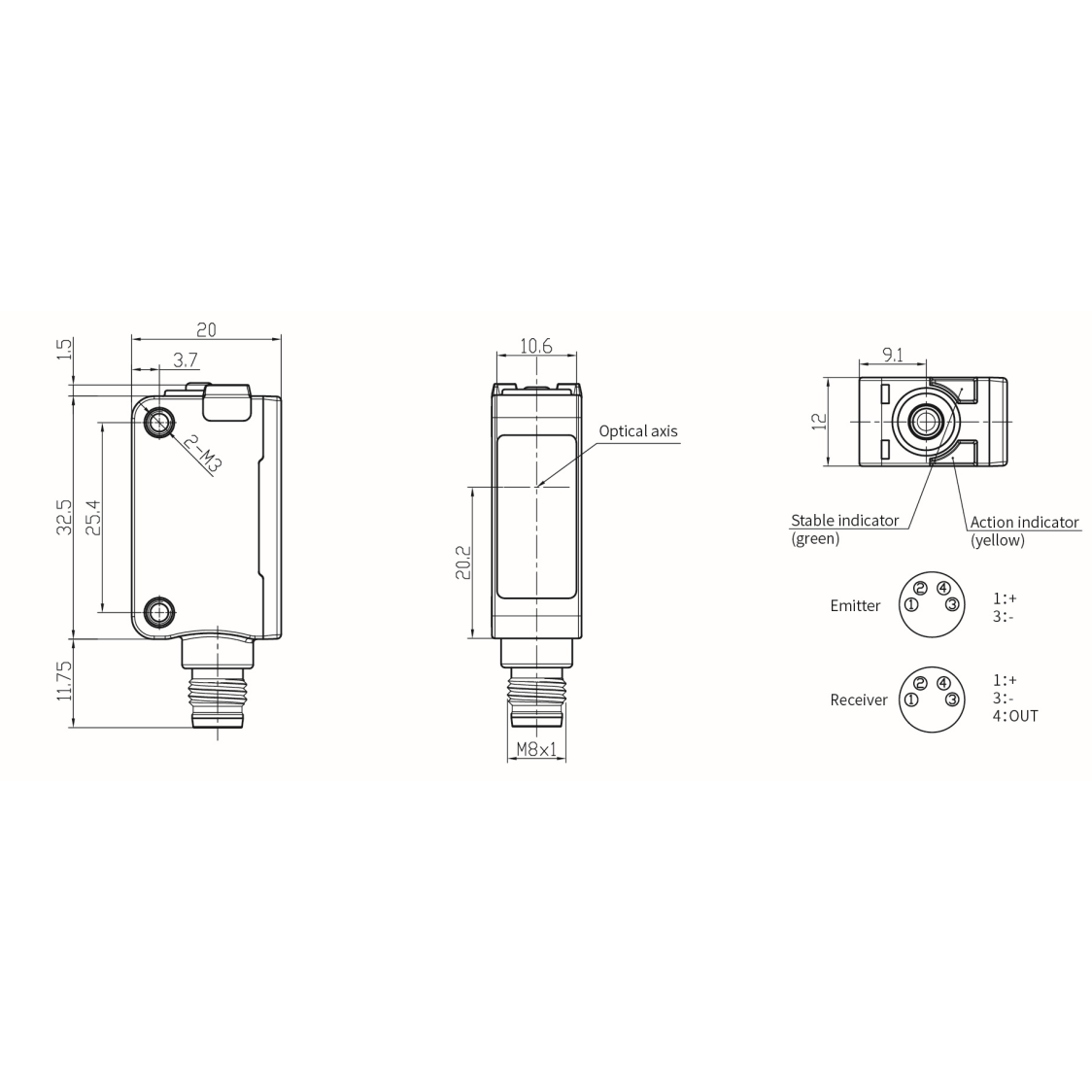 Fotoelektriline andur | Katkenud kiire tüüp | Saatja + vastuvõtja | 20m | 32,5x20x12mm | 10-30VDC | NO/NC | PNP | M8 | ABS | infrapuna | IP67 1