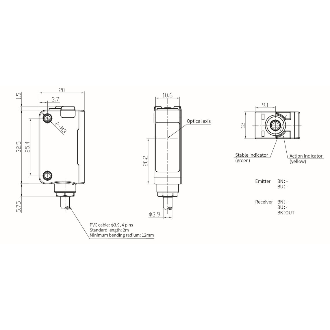Fotoelektriskais sensors | Pārtraukta stara tips | Raidītājs + uztvērējs | 10m | 32,5x20x12mm | 10-30VDC | NO/NC | PNP | 2m kabelis | ABS | Sarkanās gaismas stars | IP67 1
