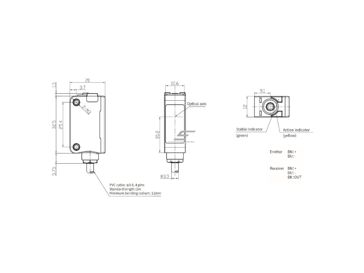Fotoelektrinis jutiklis | nutraukiamo spindulio | siųstuvas + imtuvas | 5000mm | 32,5x20x12mm | 10-30VDC | NO/NC | NPN | 2m kabelis | ABS | raudonos šviesos spindulių | IP67 1 Fotoelektrinis jutiklis | nutraukiamo spindulio | siųstuvas + imtuvas | 5000mm | 32,5x20x12mm | 10-30VDC | NO/NC | NPN | 2m kabelis | ABS | raudonos šviesos spindulių | IP67 1