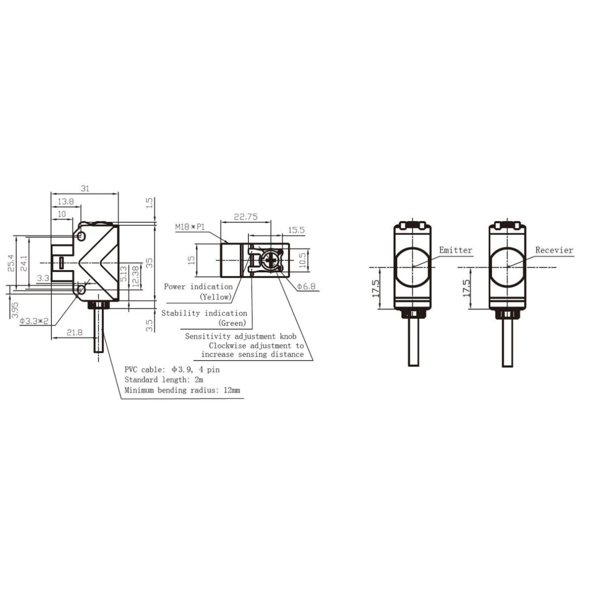 Fotoelektriskais sensors | Pārtraukta stara tips | Raidītājs + uztvērējs | 20m | M8 | 10-30VDC | NO/NC | PNP | 2m kabelis | ABS | infrasarkano LED staru | IP67 1 Fotoelektriskais sensors | Pārtraukta stara tips | Raidītājs + uztvērējs | 20m | M8 | 10-30VDC | NO/NC | PNP | 2m kabelis | ABS | infrasarkano LED staru | IP67 1