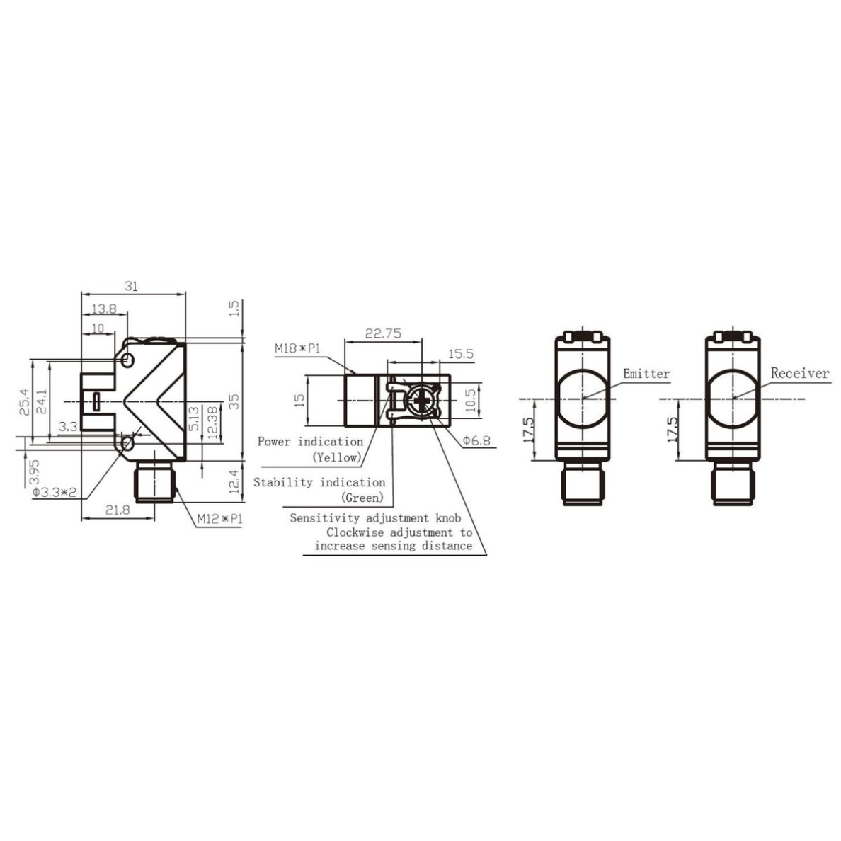 Photoelectric sensor | Through-beam type | Transmitter + receiver | 20m | M8 | 10-30VDC | NO/NC | PNP | M12 | ABS | infrared LED | IP67 1
