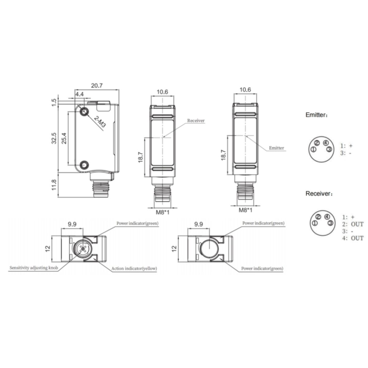 Czujnik fotoelektryczny | przerywana wiązka | nadajnik + odbiornik | 30 m | 32.5x20.7x10.6 mm | 10–30VDC | NO+NC | PNP | M8 | ABS | czerwony laser | IP67 1