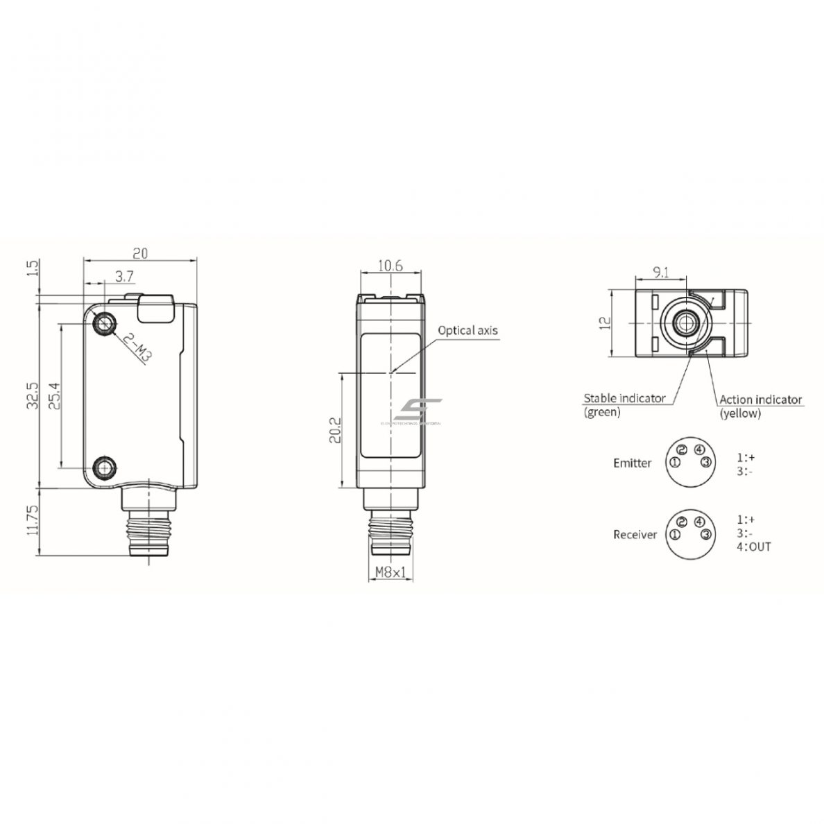Fotoelektriline andur | Katkenud kiire tüüp | Saatja + vastuvõtja | 5000mm | 32,5x20x12mm | 10-30VDC | NO/NC | PNP | M8 | ABS | Punase valguse kiir | IP67 1 Fotoelektriline andur | Katkenud kiire tüüp | Saatja + vastuvõtja | 5000mm | 32,5x20x12mm | 10-30VDC | NO/NC | PNP | M8 | ABS | Punase valguse kiir | IP67 1