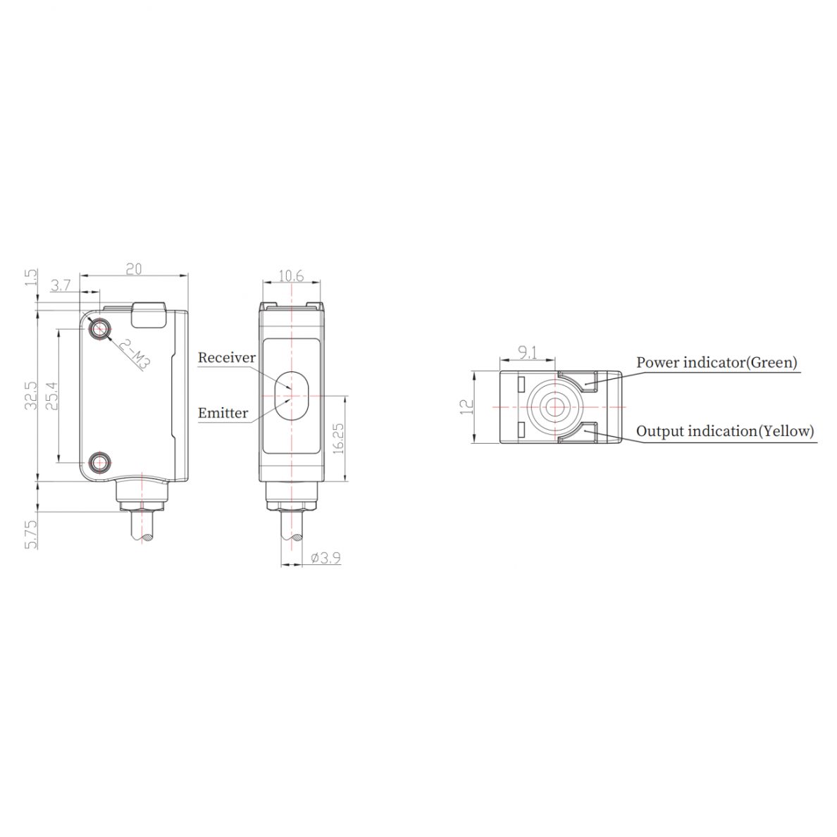 Photoelectric sensor | TOF | 3000mm | 32,5x20x12mm | 10-30VDC | NO/NC | PNP | 2 m cable | ABS | infrared laser | IP67 1